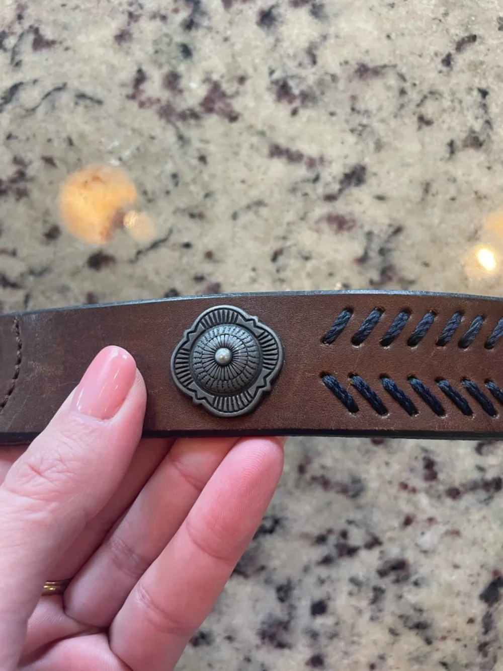 Brown Leather Belt with Green/blue Stitching and Decorative Conchos 32 - Picture 3 of 9